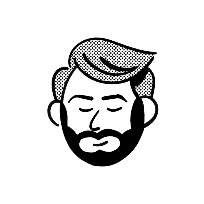 Cartoon style illustration of a bearded man with wavy hair and a relaxed expression